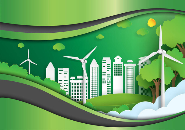 緑の都市と環境保全の概念と環境に優しい。緑のエネルギー紙の芸術スタイルのための自然都市景観。. - ベクター画像