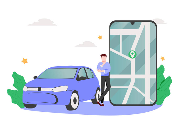 スマートフォンアプリを介して制御自動オンラインカーシェアリングサービスのベクトル図。現代的な都市のスカイラインとロケーションマークとスマートカーと電話。隔離された接続車両リモート駐車場. - ベクター画像