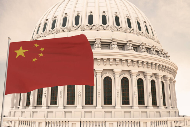 Beautiful flag of China waving with the strong wind and behind it the dome of the Capitol USA 3D RENDER, 3D RENDERING.	 - Foto, immagini