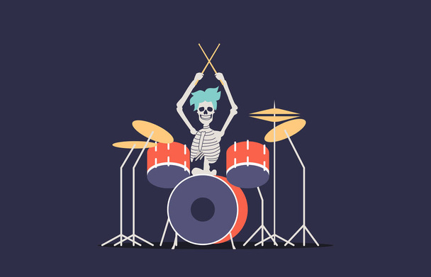 Skelett-Schlagzeuger spielt Schlagzeug. Rockmusiker für Halloween-Party-Konzept - Vektor, Bild