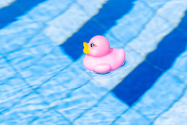 Spielzeug-Gummiente. Pinkfarbenes aufblasbares Plastikspielzeug für Kinder schwimmt im blauen Wasser des Sommerpools. Hallo Sommerkonzept - Foto, Bild