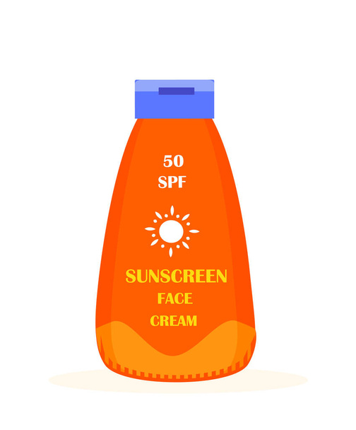 Orange Flasche Sonnencreme Gesichtscreme. Beruhigende feuchtigkeitsspendende Sonnencreme Produkt und Sonnenblock.Gesunde Bräunung, Sonnenbad.Anti-UV-Creme, Lotion.Farbige flache Vektorabbildung auf weißem Hintergrund isoliert - Vektor, Bild