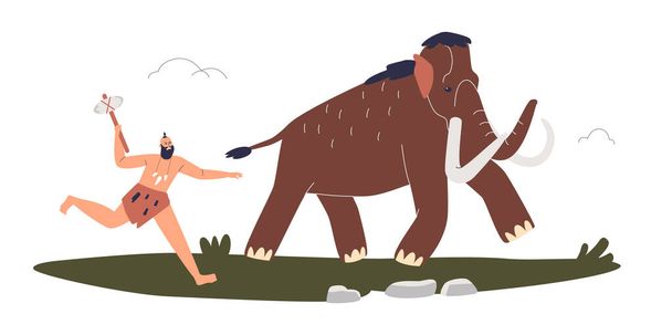 Первобытный человек каменного века, охотящийся на мамонта. Пещерный охотник преследует огромное животное - Вектор,изображение