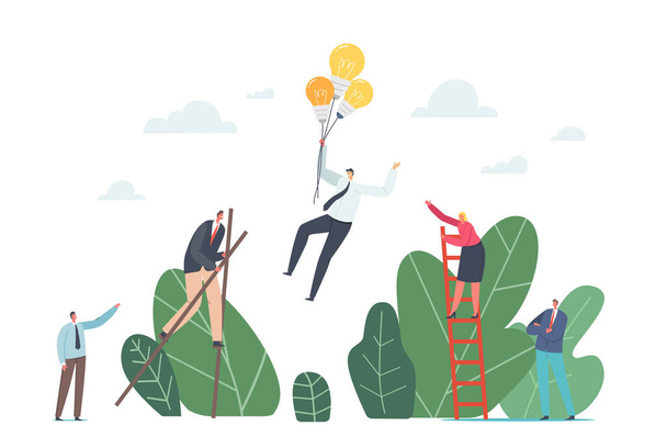 競争上の利点概念。ビジネスキャラクタースリットを歩く、はしごを登る、電球の風船で飛ぶ - ベクター画像