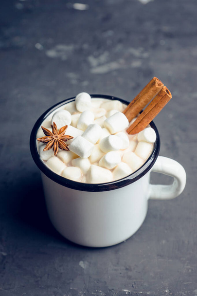 Sweet hot chocolate in mug. Christmas drink with marshmallow. Selective focus. Shallow depth of field.  - Zdjęcie, obraz