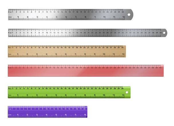 Set van realistische linialen: kunststof en metaal van verschillende lengte en kleur met maten - Vector, afbeelding