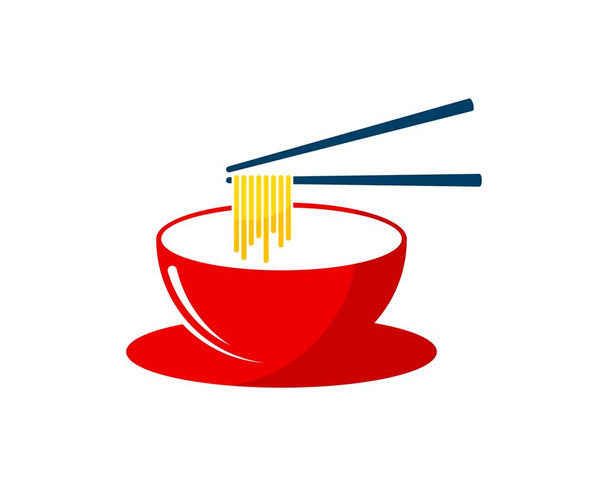 Red bowl with chopstick and noodles - Vector, Image