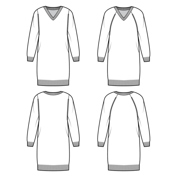 Állítsa be a V-nyakú ruha pulóver technikai divat illusztráció hosszú raglan ujjú, pihenni illik, comb hossza, kötött berendezés - Vektor, kép
