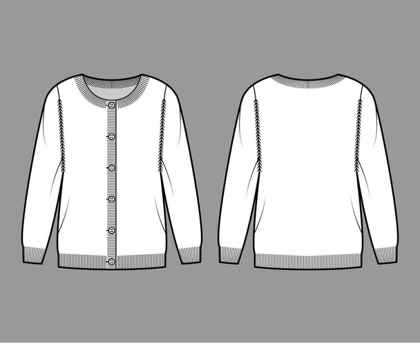 Round neck cardigan technical fashion illustration with button closure, long sleeves, oversized, hip length, knit trim - Vector, Image