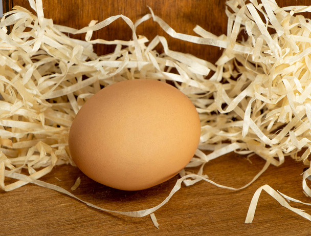  brązowe jajko na drewnianym stole na tle wiórów papierowych - Zdjęcie, obraz