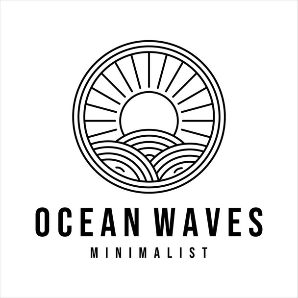 onde oceaniche linea d'arte logo vettore illustrazione modello di design. onda del mare con l'icona del distintivo del sole design creativo - Vettoriali, immagini