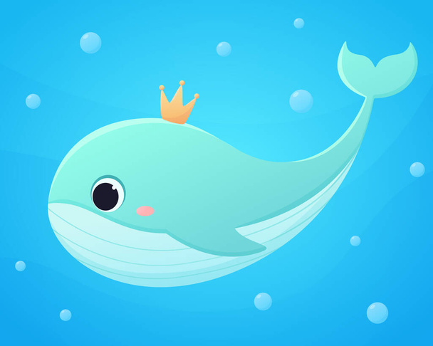Cute cartoon whale underwater. Vector illustration of ocean animals. Fabulous underwater life. - Vector, imagen