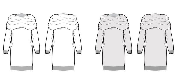 Chunky πουλόβερ φόρεμα τεχνική εικόνα μόδας με υπερβολή ζιβάγκο, μακρύ μανίκι, γόνατο μήκος, πλεκτό rib τελειώματα - Διάνυσμα, εικόνα