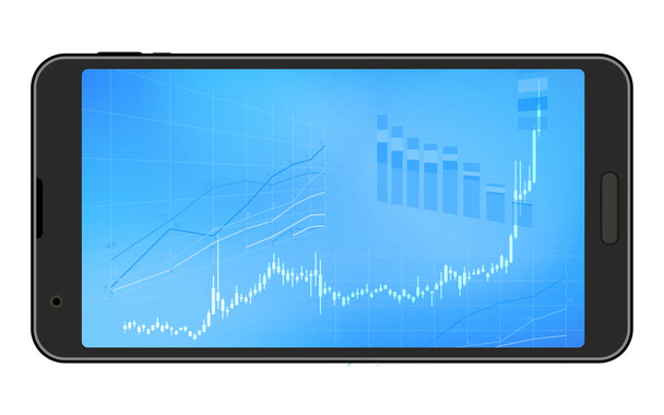 Wykresy świeczniki używane do zapasów, FX i walut wirtualnych widoczne na ekranie poziomym smartfonów, rośnie - Wektor, obraz