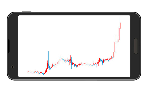 Wykresy świeczniki używane do zapasów, FX i walut wirtualnych widoczne na ekranie poziomym smartfonów, rośnie - Wektor, obraz