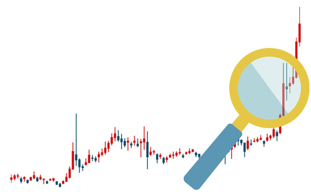 With candlestick chart, rise, magnifying glass used for stocks, FX and virtual currencies - Vector, Image
