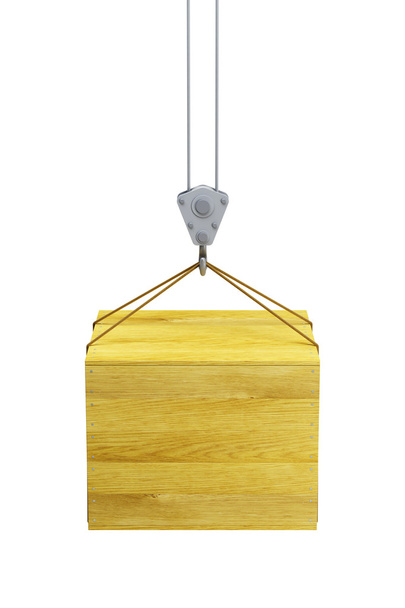 Hook holding wooden container, isolated 3d render - Zdjęcie, obraz