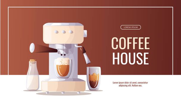 Promo banner for Coffee shop, Coffee house, cafe-bar, barista, drink. Coffee machine, Cup, bottle of milk. Vector illustration for poster, banner, flyer, advertising, commercial. - Vector, afbeelding