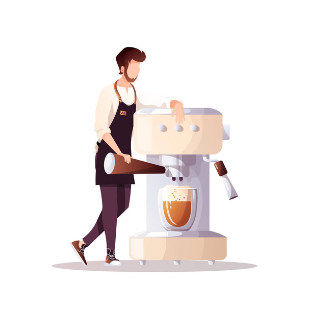 Barista with huge coffee machine. Coffee shop, break, cafe-bar, restaurant, coffee lover concept. Isolated vector illustration for poster, banner, cover. - Vektor, kép