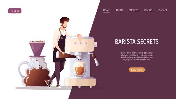 Barista with huge coffee machine. Coffee shop, break, cafe-bar, restaurant, coffee lover concept. Vector illustration for poster, banner, website. - Vektori, kuva