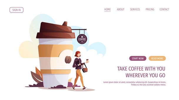 Woman with coffee in paper cup. Coffee shop, drink, cafe-bar, coffee to go concept. Vector illustration for poster, banner, website. - Vecteur, image