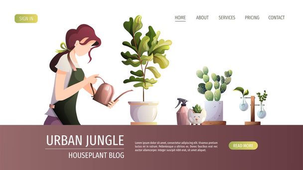 Egy öntözőkannás nő gondozza a szobanövényeket. Házikert, üvegház, kertészkedés, növénybarát koncepció. Vektor illusztráció plakát, banner, weboldal. - Vektor, kép