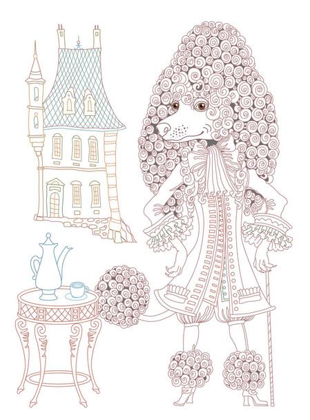 Сказочный пес-пудель, одетый в винтажный костюм с кофейной посудой. Линейный красочный контурный рисунок. Страница анти-стрессовой книги для взрослых и детей  - Вектор,изображение