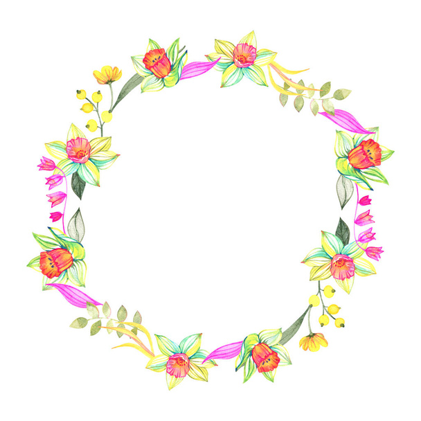 Watercolor floral wreath with leaves and branches. Hand drawn artistic frame isolated on white background. - Фото, зображення