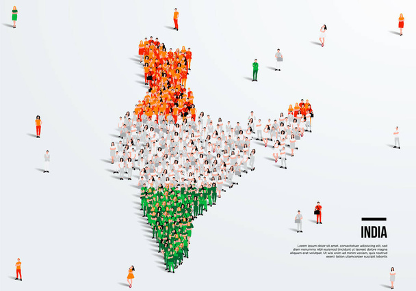 インド地図と旗。地図を作成するインドの旗の色のフォームの人々の大規模なグループ。ベクターイラスト. - ベクター画像