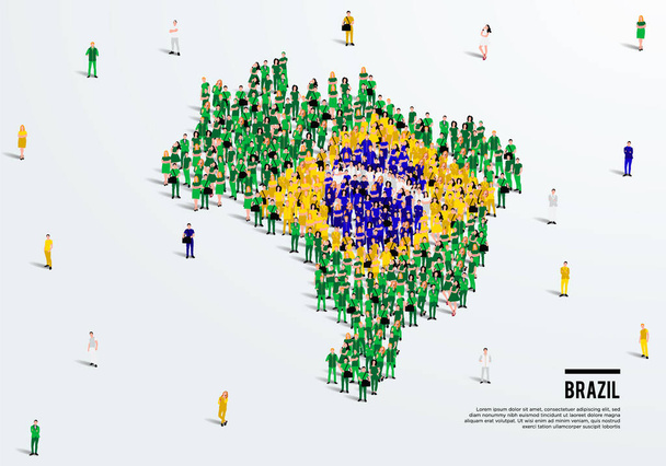 Brasilien Karte und Flagge. Eine große Gruppe von Menschen in brasilianischer Flaggenfarbe formiert sich, um die Karte zu erstellen. Vektorillustration. - Vektor, Bild