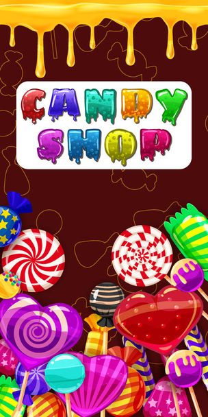 Candy Shop, sladký bonbon, lízátka, čokoláda, želé. Nabídka šablon pro caffe, cafeteris, vektorové ilustrace, kreslený styl - Vektor, obrázek