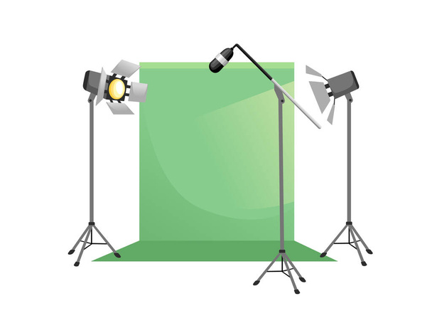 Βίντεο ή κινηματογραφική παραγωγή κινηματογραφική σκηνή έννοια πράσινη οθόνη και επαγγελματικά εργαλεία εικονογράφηση διάνυσμα μικρόφωνο και προβολείς σε λευκό φόντο. - Διάνυσμα, εικόνα