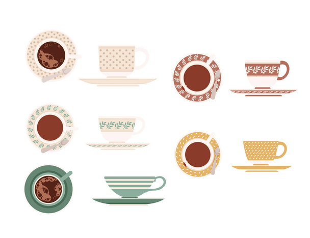 Conjunto coloreado de taza de té de cerámica en platillos con diferentes patrones ilustración de vectores de vista superior y lateral aislada sobre fondo blanco. - Vector, Imagen