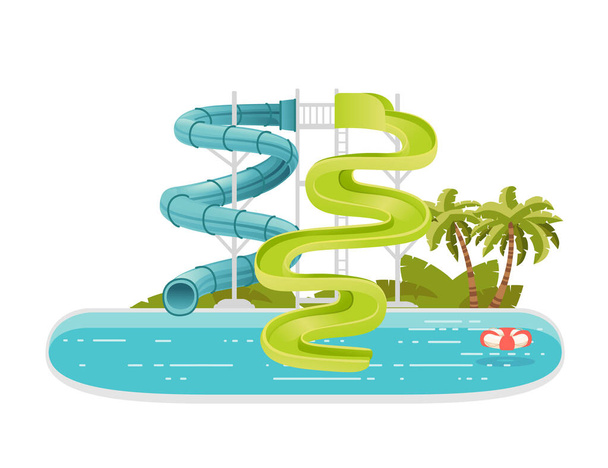 Иллюстрация аквапарка с цветными пластиковыми горками и бассейном с пальмой на векторном рисунке на белом фоне. - Вектор,изображение