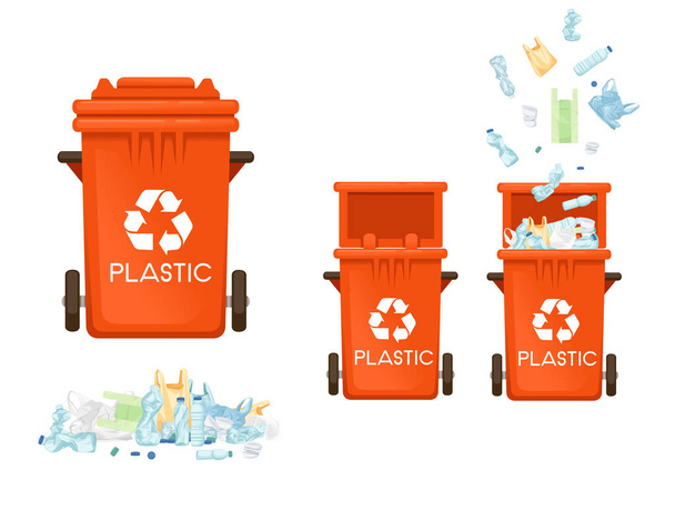 Rode vuilnisbak vuilnisbak voor plastic soorten afval vector illustratie geïsoleerd op witte achtergrond. - Vector, afbeelding