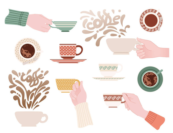Conjunto de mano sosteniendo diferentes tazas de cerámica con patrones taza de té en platillo vector ilustración sobre fondo blanco. - Vector, imagen