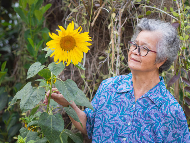 Retrato de una anciana con el pelo gris corto de pie al lado de un girasol en el jardín. Concepto de personas mayores y relajación. - Foto, imagen
