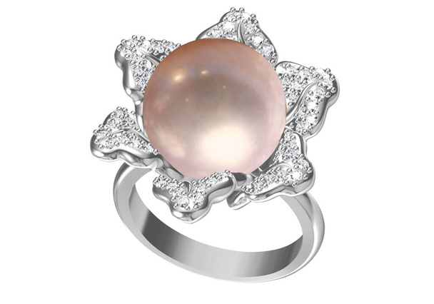 beautiful ring with pearl isolated on white. 3D rendering - Photo, Image
