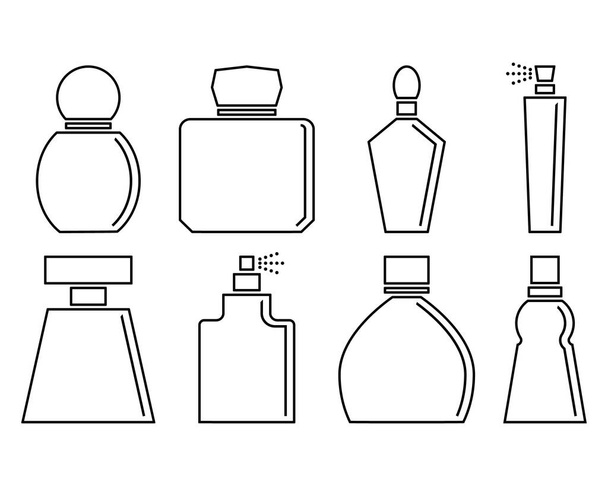 Perfume isolated icons set on white background with fragrance, spray and scense. Linear and outline perfume bottles. Vector illustration. Clipart and drawing. - Vector, Image