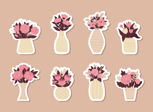 Set of Beautiful stylish stickers with bouquet of flowers in vases. Greeting card. Mothers day, international womens day, birthday. Spring flat vector illustration isolated on white background. - Vettoriali, immagini