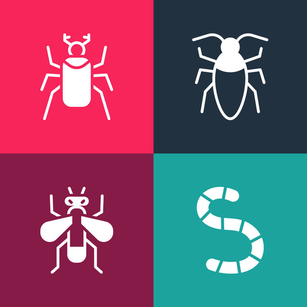 Set pop art Worm, Insect fly, Cockroach and Beetle bug icon. Vector. - Vector, Image