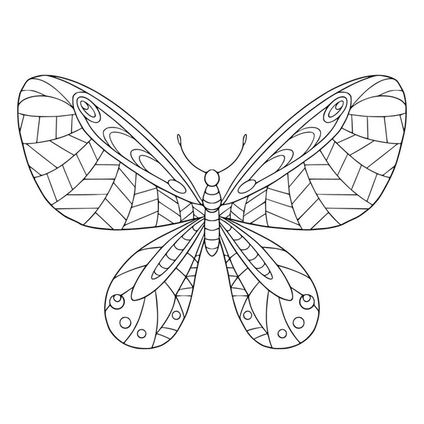 装飾された翼の着色ページを持つ美しい蝶。大人のための着色本のためのドアとゼンタングル要素とベクトルアウトラインイラスト。素敵な庭の昆虫. - ベクター画像