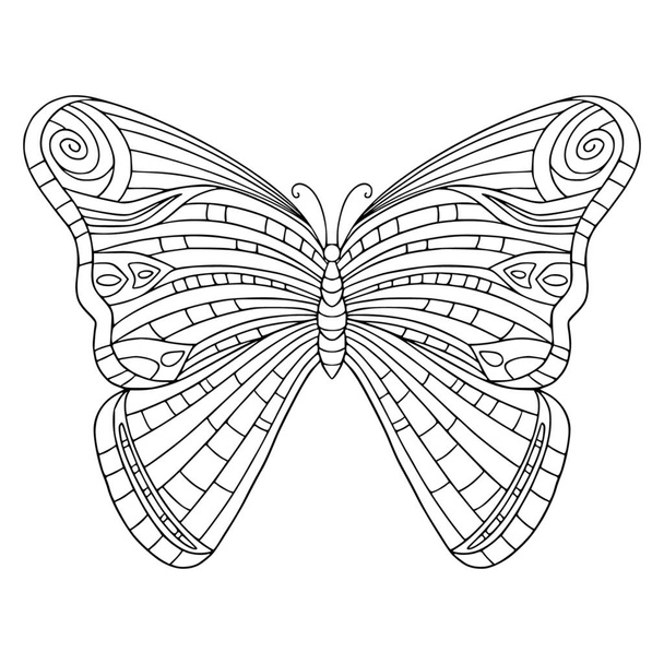 Красива метелик з декорованими крилами розмальовка сторінка. Векторна контурна ілюстрація з каракулею та елементами дентакле для розмальовки для дорослих. Прекрасна садова комаха
. - Вектор, зображення