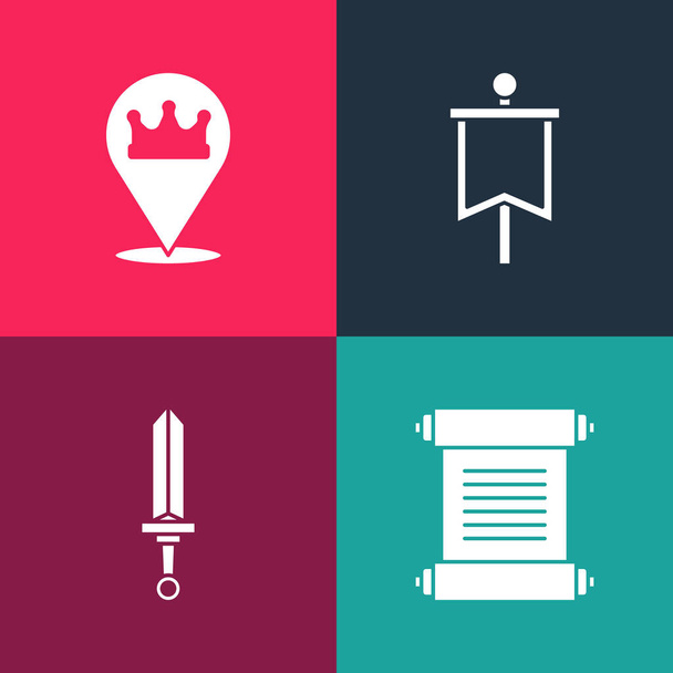 Set pop art Decree, parchment, scroll, Medieval sword, flag and Location king crown icon. Vector. - Vector, Image
