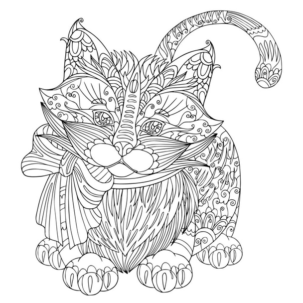 Χρωματισμός σελίδα βιβλίο αστείο χνουδωτό γατάκι με τόξο. Εικονογράφηση διανυσματικής γάτας με στοιχεία doodle και zentangle για διαλογισμό και κατά του στρες για ενήλικες. - Διάνυσμα, εικόνα