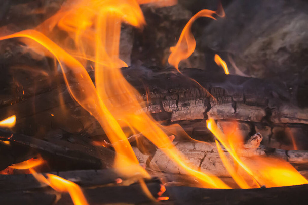 薪の暖炉で、柔らかいフィルター燃焼。木製の棒に石炭が火入れされている。炎と木。ピクニックのコンセプト。環境上の危険。たき火を閉じます。森の中の休暇.  - 写真・画像