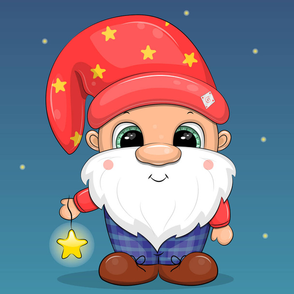 Un lindo gnomo de dibujos animados con un sombrero rojo sostiene una estrella. Ilustración vectorial nocturna sobre fondo azul. - Vector, Imagen