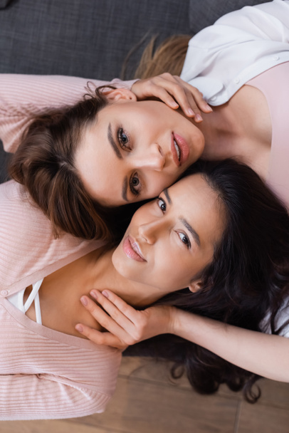 top view of positive lesbians hugging in living room - Zdjęcie, obraz