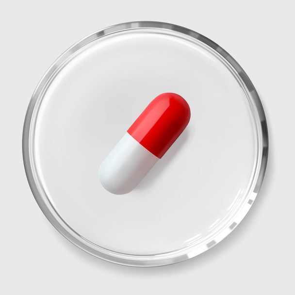 Красно-белая таблетка в стеклянной прозрачной чашке Петри изолирована 3D реалистичной векторной иллюстрацией. Концепция научно-исследовательской лаборатории. Питательные вещества, пробиотики, обезболивающие, антибиотики - Вектор,изображение