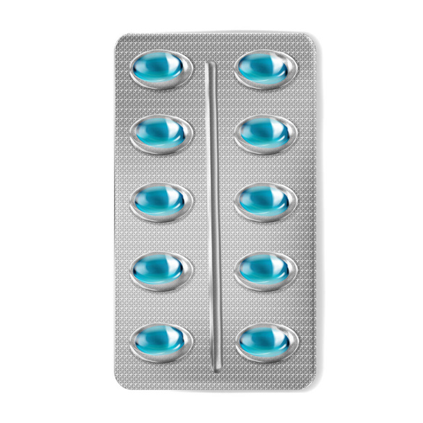 Tabletta buborékcsomagolás 3d reális vektor illusztráció. Kék kapszula fájdalomcsillapítók tabletta mockup izolált háttér - Vektor, kép
